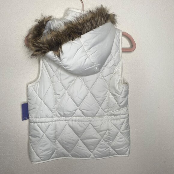 Laura Scott Quilted Hooded Vest‎ Womens Missy M Ivory Faux Fur Ski - Picture 2 of 9